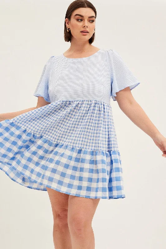 Blue Check Relaxed Dress Short Sleeve Mini Tiered