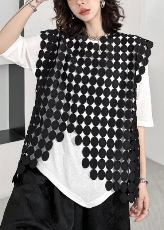 New Black Asymmetrical Hollow Out Patchwork Cotton Waistcoat Sleeveless