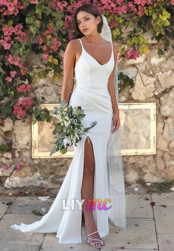 V-Neck Spaghetti Straps Side Slit Sheath Beach Wedding Dress