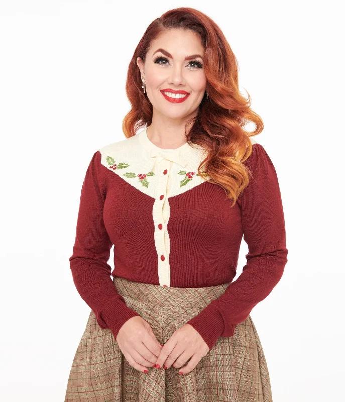 Smak Parlour 1960s Burgundy & Ivory Mistletoe Cardigan