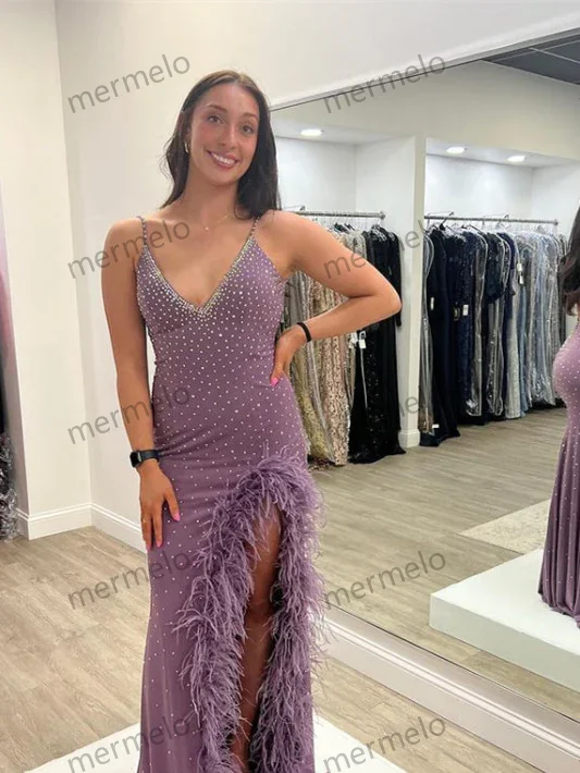 Purple Spaghetti-Strap Long Beaded Prom Dress with Feathers