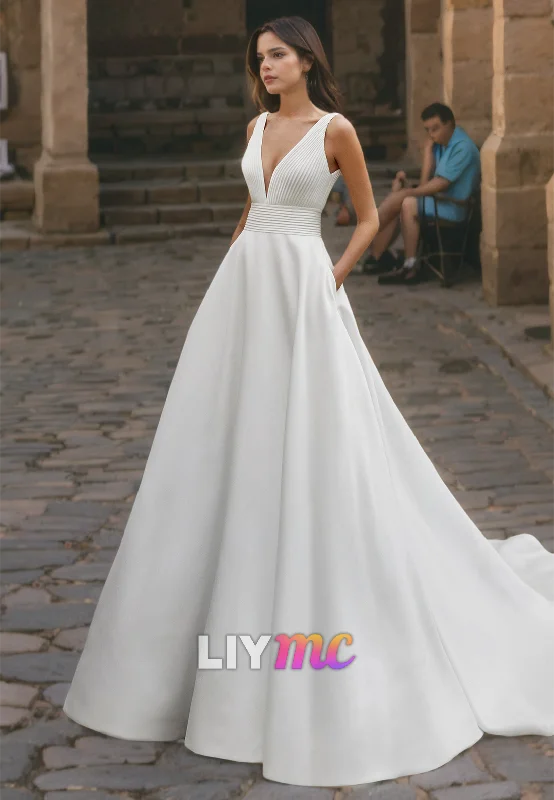 V-Neck Sleeveless Pleated A-Line Satin Wedding Dress