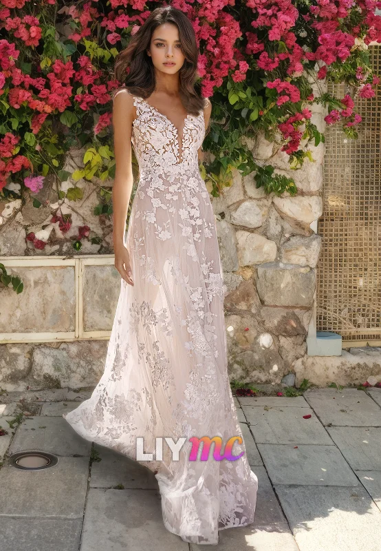 V-Neck Sleeveless Appliques A-Line Beach Wedding Dress