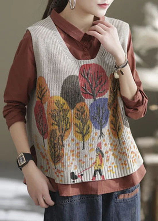 Natural Beige Print Knit Casual Vest Sleeveless