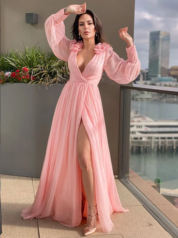 A-Line/Princess 30D Chiffon Ruffles V-neck Long Sleeves Sweep/Brush Train Dresses