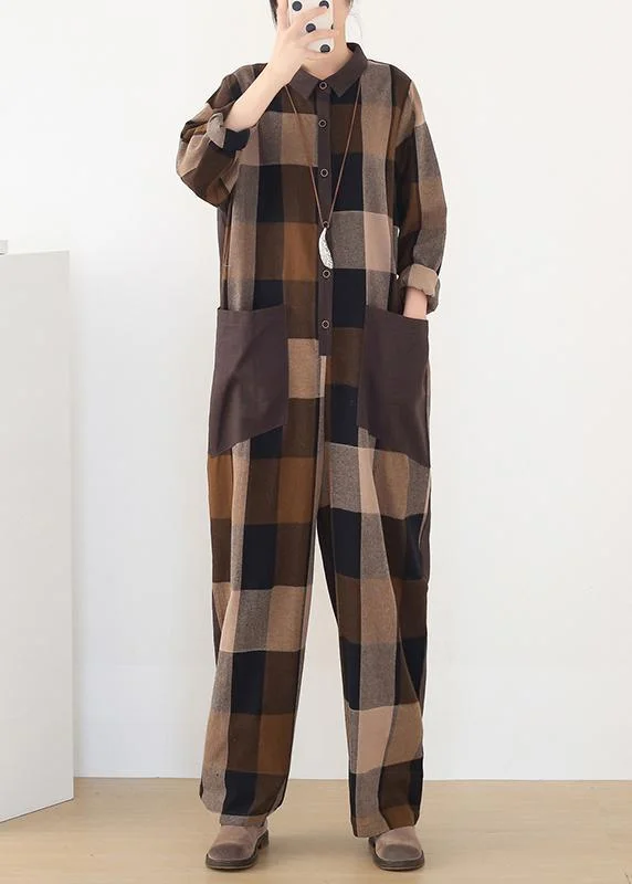 Spring Big Pockets Slimming Harem Cotton Brown Plus Szie Plaid Jumpsuit