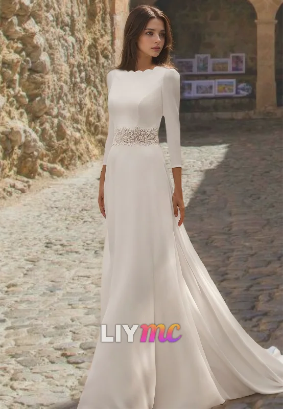 Bateau Long Sleeves Sleek Appliques Sheath Wedding Dress