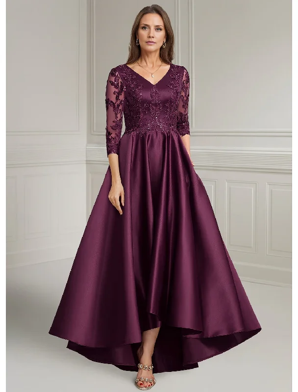 A-Line Mother of the Groom / Bride Dress V Neck Asymmetrical Satin Long Sleeve with Lace Appliques Solid Color Elegant Vintage December Wedding Guest Dress