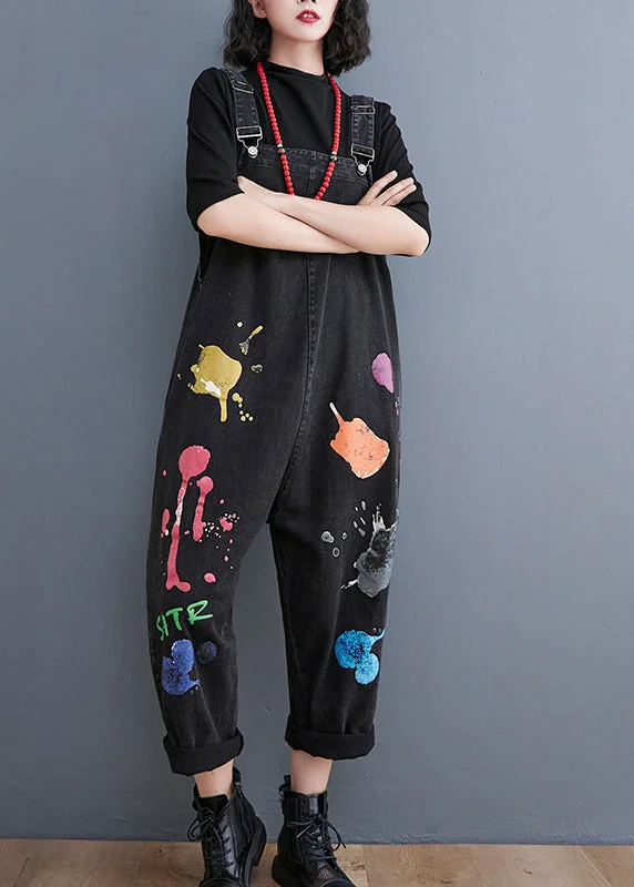 Streetwear Black painting Print Denim Jumpsuit Spring