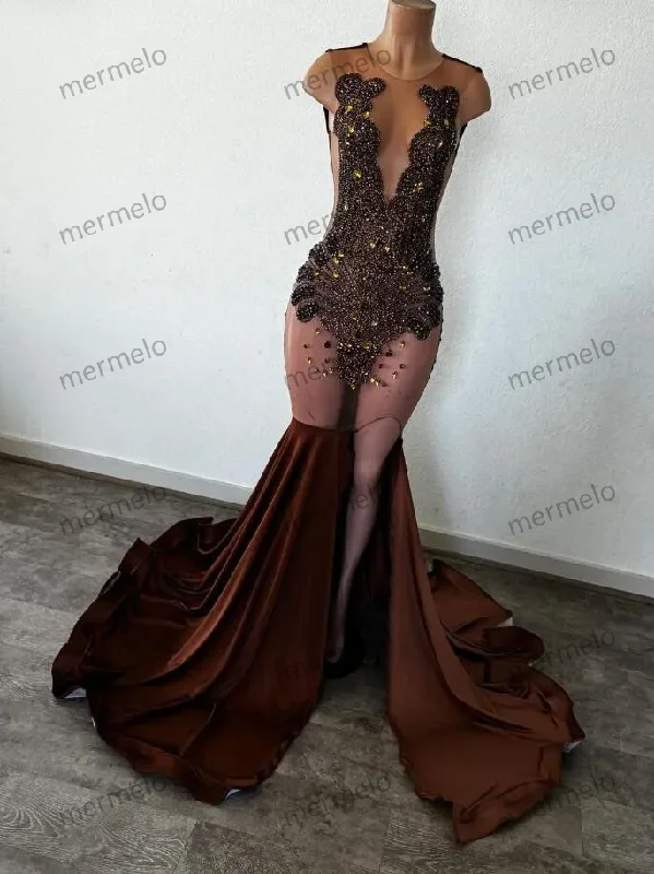 Brown Chocolate Long Trumpet Evening Birthday Gala Dresses for Black Girl Luxury Diamond Crystal Slit Prom Reception Gown