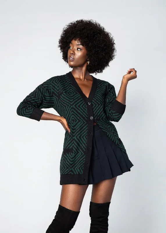 Mansa Women's African Print Oversized Cardigan (Malachite Diamond Adire)