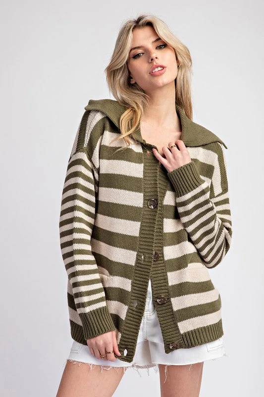 Striped Collared Cardigan - Olive