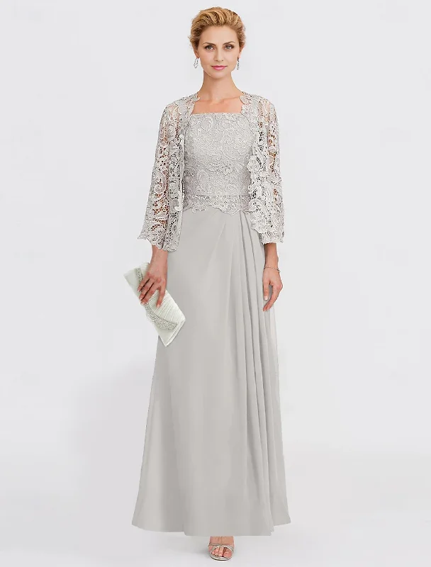 Mother of the Groom / Bride Dress A-Line Suit Straight Neckline Ankle Length Chiffon Lace Length Sleeve with Lace Side-Draped Solid Color Elegant December Wedding Guest Dress