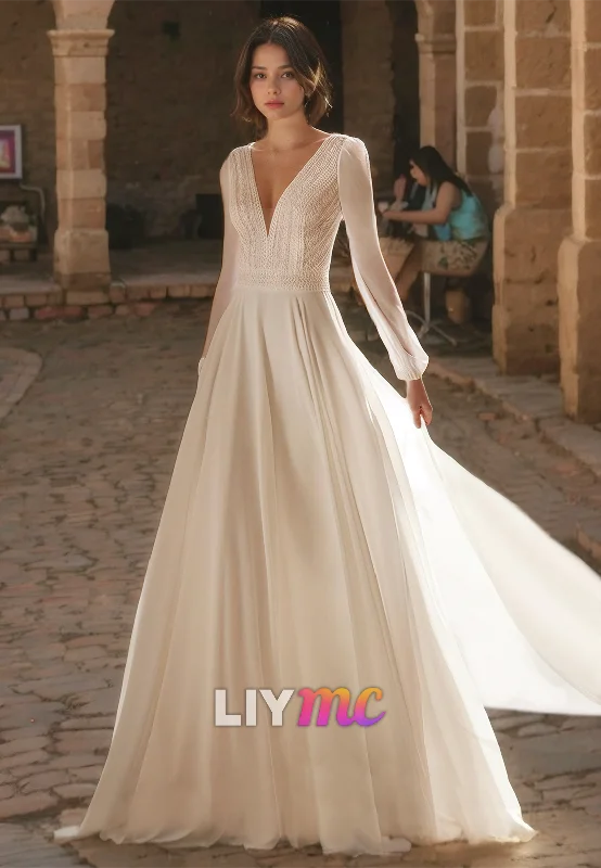 V-Neck Long Sleeves Chiffon A-Line Boho Wedding Dress