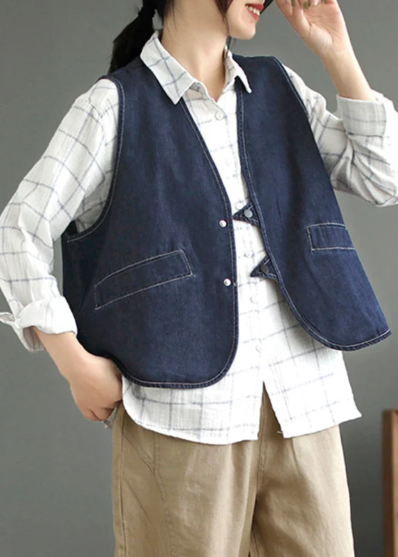 Dark Blue Pockets Patchwork Denim Waistcoat Sleeveless