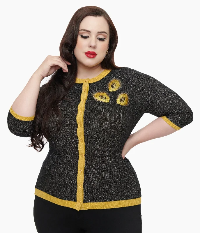 Unique Vintage Plus Size 1950s Black & Gold Peacock Feather Embroidered Bookworm Cardigan