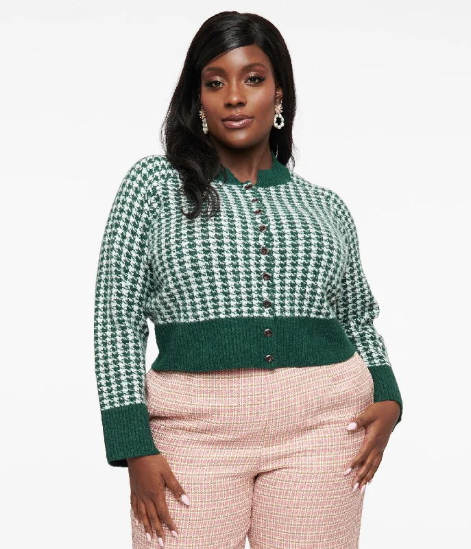 Plus Size 1950s Green & White Houndstooth Hattie Cardigan