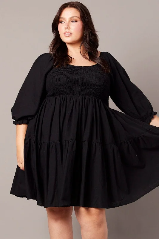 Black Shirred Tier Cotton Mini Dress