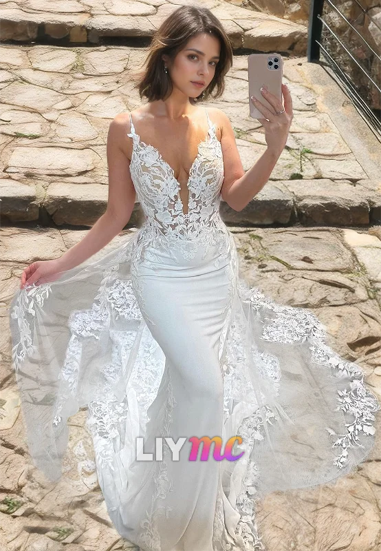 V-Neck Sleeveless Appliques Mermaid Wedding Dress