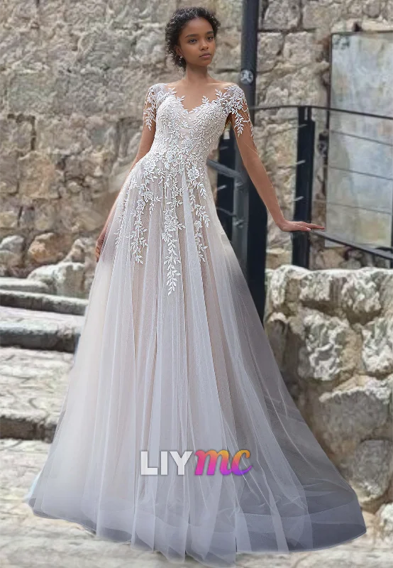 V-Neck Long Sleeves Appliques Tulle A-Line Wedding Dress