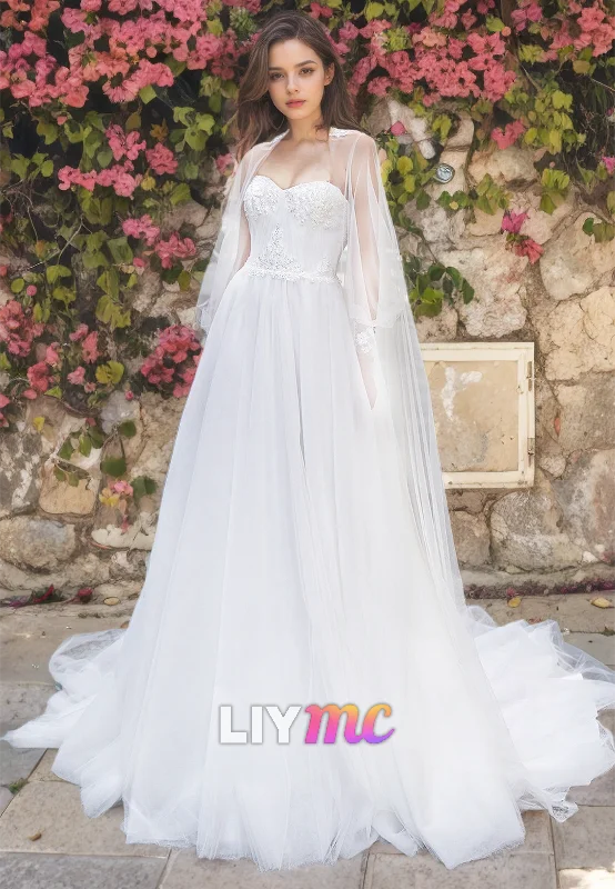 Sweetheart Sleeveless Tulle Sequins A-Line Beach Wedding Dress