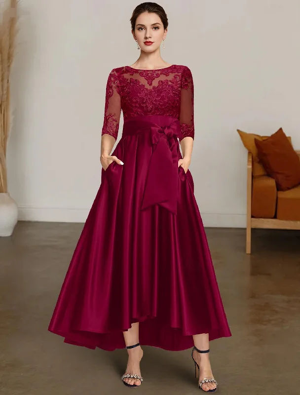 Mother of the Groom / Bride Dress A-Line High Low Bateau Neck Asymmetrical Satin Lace Length Sleeve Lace Sash / Ribbon Chrismas Dress Elegant Formal Fall Wedding Guest Dress