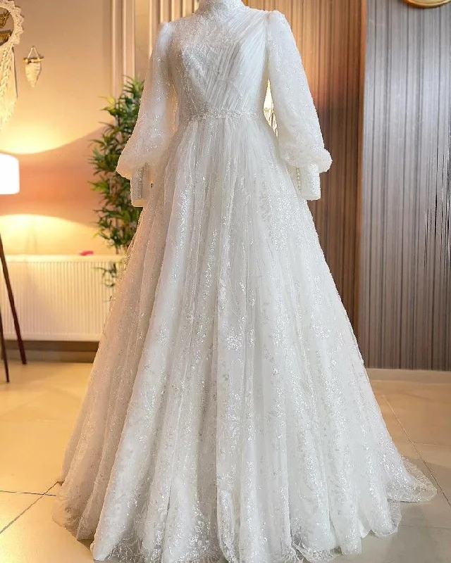 Glitter Muslim Lace Appliques Wedding Dresses High Neck A Line Tulle Bridal Gown        S6337