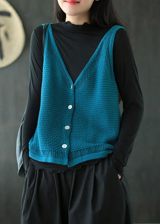 Plus Size Blue V Neck Button Fall Knit Vest