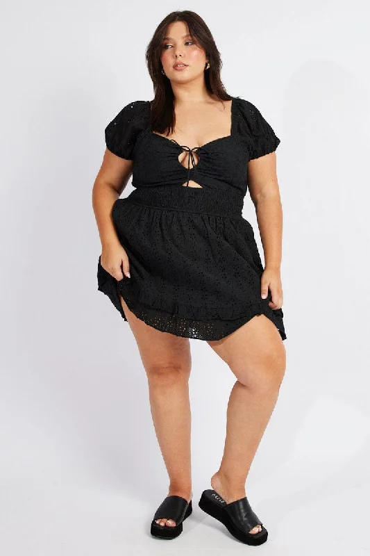 Black Fit And Flare Dress Short Sleeve Embroidered