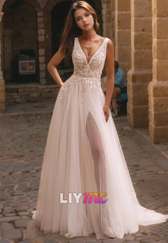 V-Neck Sleeveless Appliques Tulle A-Line Wedding Dress