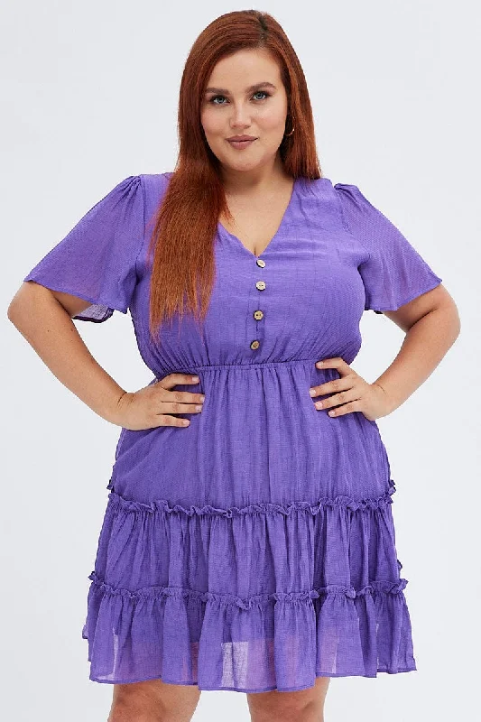 Purple Fit And Flare Dress Short Sleeve V-neck