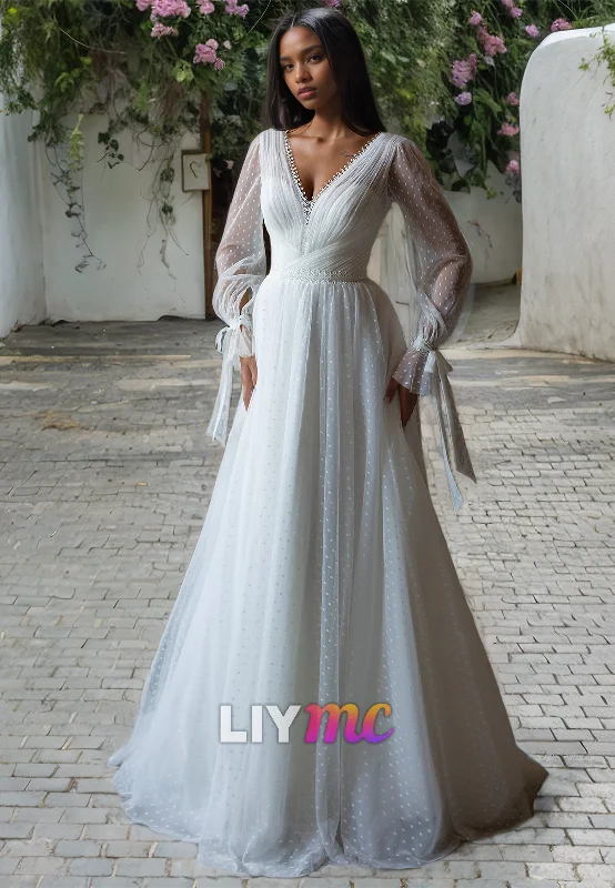 V-Neck Long Sleeves A-Line Pleated Wedding Dress