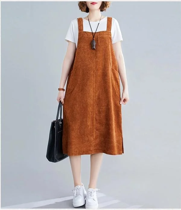 sleeveless plus size corduroy vintage women casual loose midi autumn winter vest elegant party dress clothes