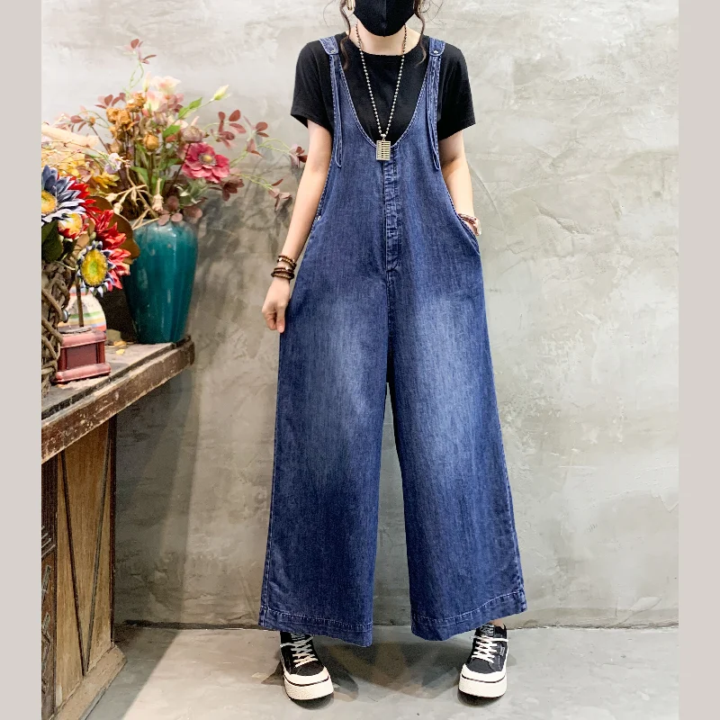 Casual Blue V Neck Cotton wide leg pants Denim Jumpsuits Spring