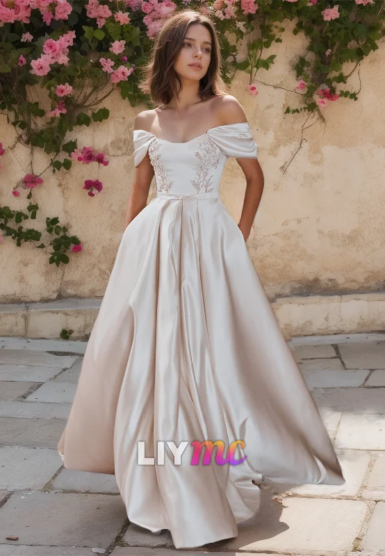 Off-Shoulder Strapless Pleated Satin A-Line Wedding Dress