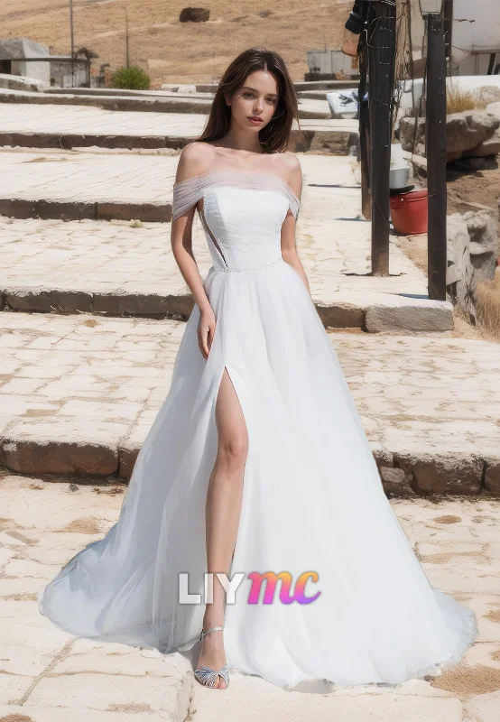 Off-Shoulder Strapless Tulle A-Line Ball Gown Wedding Dress