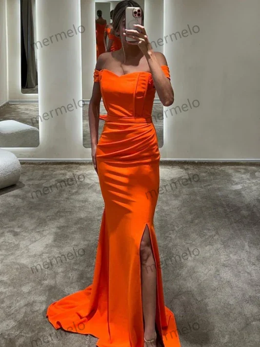 Orange Off-the-Shoulder Prom Dress with Long Split Mermaid Style