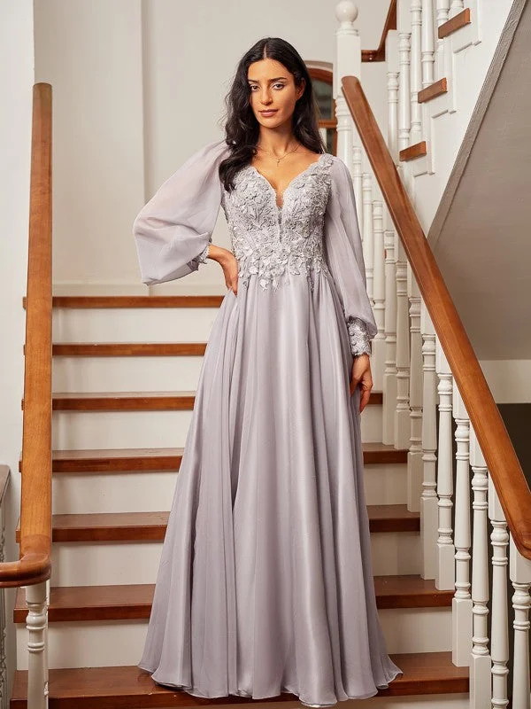 A-Line/Princess 30D Chiffon Applique V-neck Long Sleeves Floor-Length Dresses