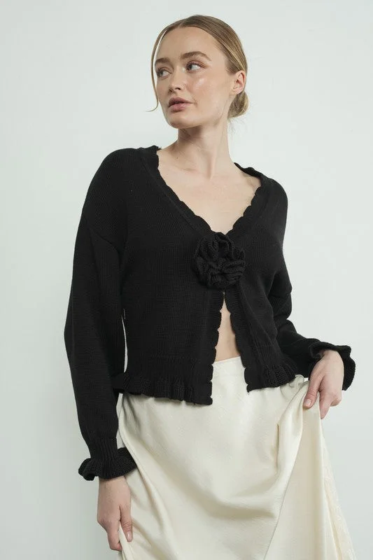 Flower Ruffle Cardigan - Black