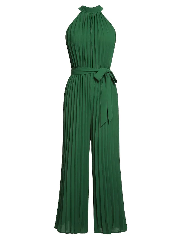 Green 1930s Solid Pleated Halter Jumpsuit