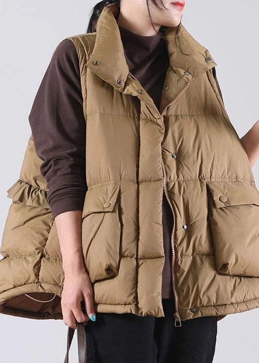 Women Coffee Ruffled Pockets Duck Down Sleeveless down vest