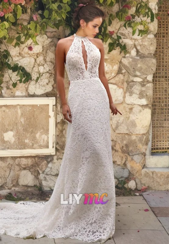 Halter Sleeveless Illusion Appliques Mermaid Wedding Dress