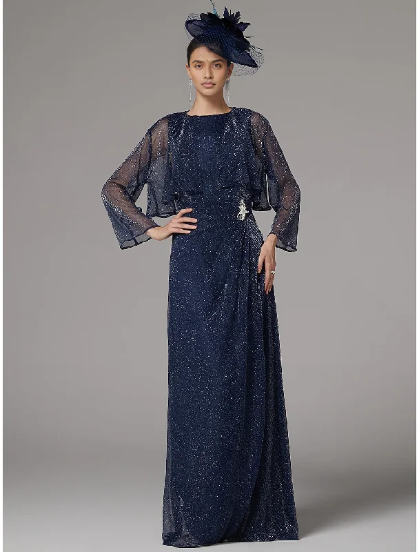 Fall November December Wedding Guest Dress Two Piece Sheath / Column Dress Suit Elegant Sparkle & Shine Jewel Neck Floor Length Chiffon Long Sleeve with Buttons Mother of the Groom / Bride Dresses