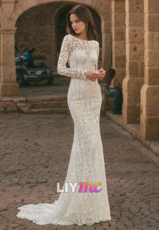 Bateau Long Sleeves Appliques Mermaid Wedding Dress