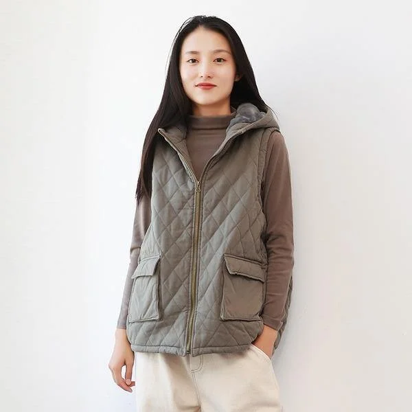 Women 2020 Autumn New Sleeveless Hooded Pockets Chinese Style Women Cloths Loose Vests