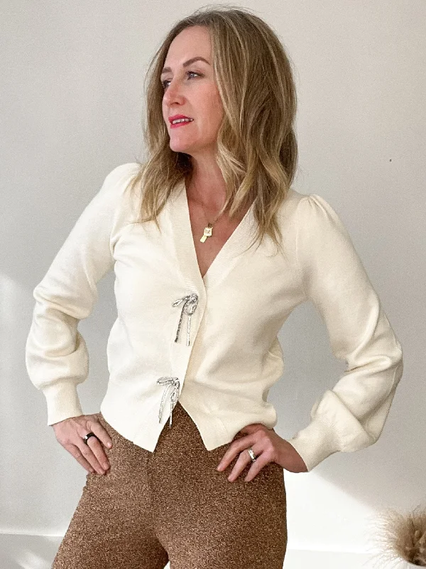 Cardigan with Embellished Bow - Cream