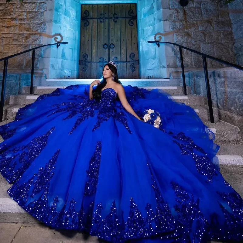 Blue Ball Gown Quinceanera Dress Long Train Ruffle Princess Tulle Birthday Party Sweet 16 Dress