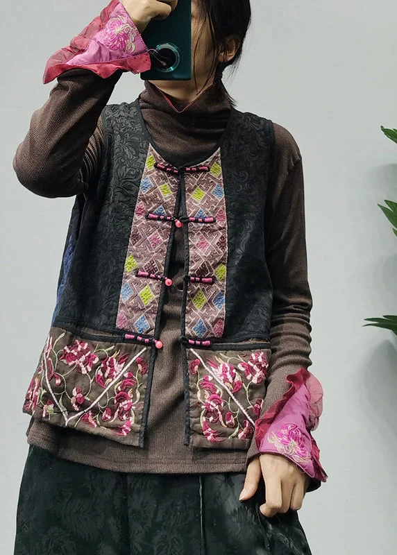 Ethnic Style Black O-Neck Embroideried Patchwork Vest Spring