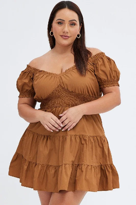 Brown Fit And Flare Dress Short Sleeve Shirred