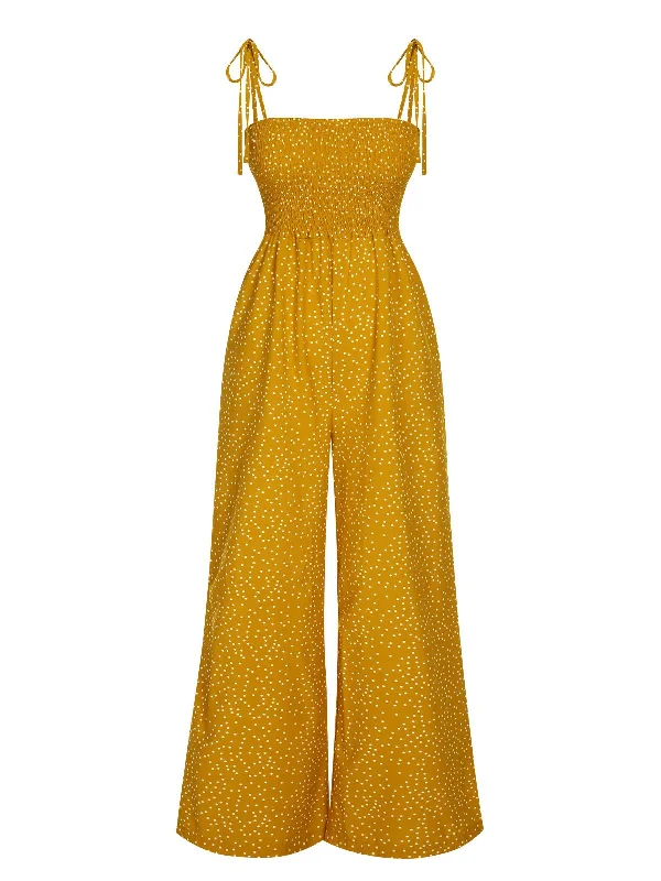 1970s Polka Dots Spaghetti Strap Bind Jumpsuit